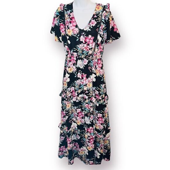 Peach Love California Ruffle Crochet Trim Floral Maxi Dress Black Multi S - Picture 1 of 11